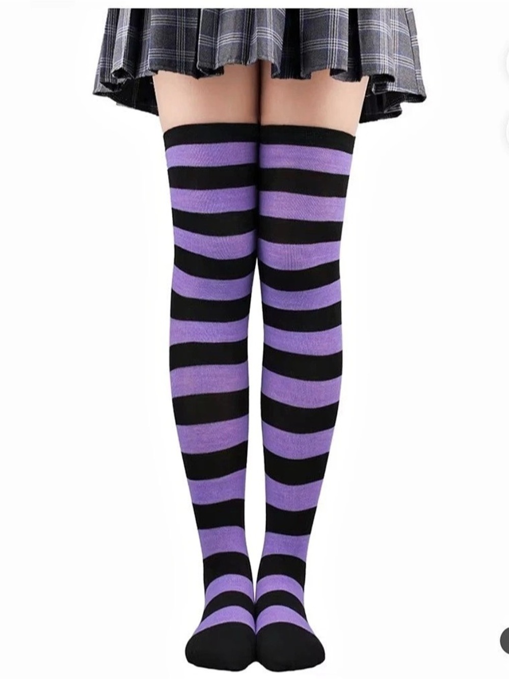 Purple & Black Striped Thigh-High Cotton Socks